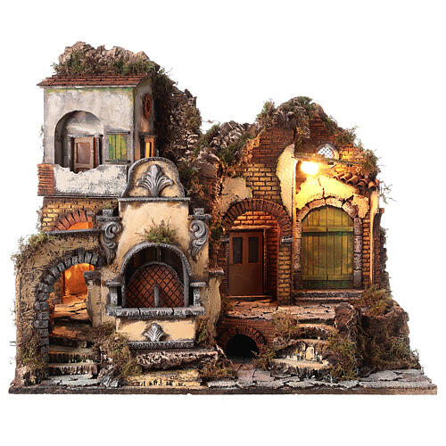 Szenerie, Dorf mit Brunnen und Beleuchtung, Krippenszenerie, neapolitanischer Stil, für 10-12 cm Figuren, 50x60x40 cm 1
