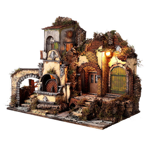 Szenerie, Dorf mit Brunnen und Beleuchtung, Krippenszenerie, neapolitanischer Stil, für 10-12 cm Figuren, 50x60x40 cm 3
