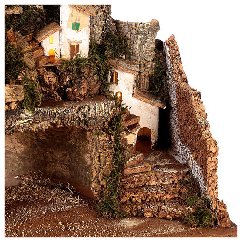 Grotte pour crèche 10 cm avec chute d'eau et village 45x30x38 cm 2