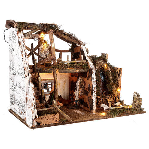 Stable for Nativity Scene with 16 cm characters with Holy Family, waterfall and lights 5