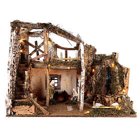Cabaña para belén 16 cm Natividad cascada luces