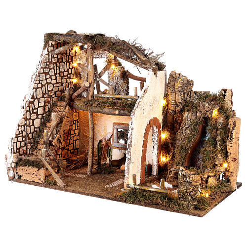 Cabaña para belén 16 cm Natividad cascada luces 3