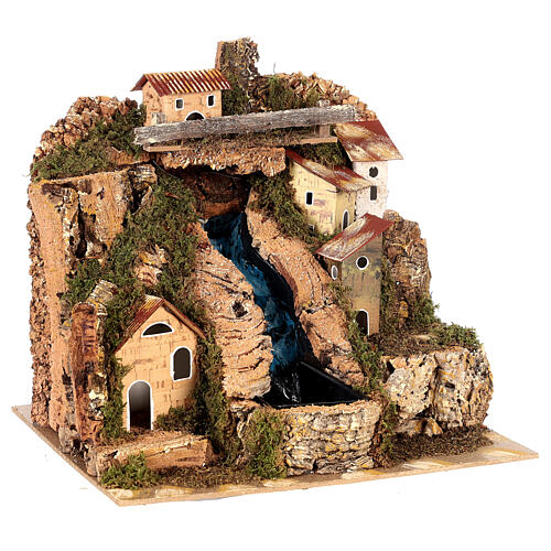 Brook with water pump and houses in perspective for Nativity Scene with 10 cm characters 25x20x20 cm 4