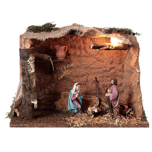 Stable with Nativity, cork, straw and light for Nativity Scene with 10 cm characters 25x35x20 cm 1