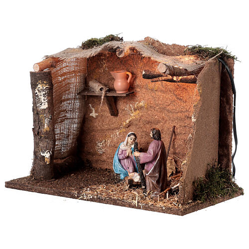 Stable with Nativity, cork, straw and light for Nativity Scene with 10 cm characters 25x35x20 cm 2