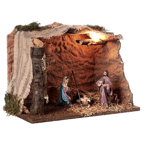 Stable with Nativity, cork, straw and light for Nativity Scene with 10 cm characters 25x35x20 cm 3