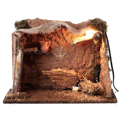 Estábulo Natividade luz cortiça e palha 25x35x20 cm para presépio com figuras de 10 cm 4