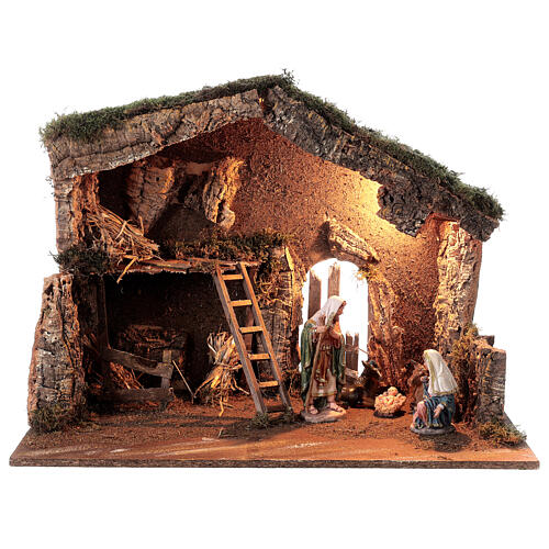 Cork stable with Nativity set, light and straw, for characters of 16 cm, 40x60x35 cm 1