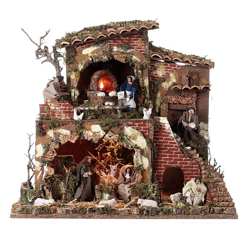 Nativity Scene with baker and shepherd, lights and mouvement, characters of 12 cm, 50x55x35 cm 1