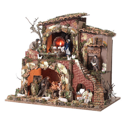 Nativity Scene with baker and shepherd, lights and mouvement, characters of 12 cm, 50x55x35 cm 2