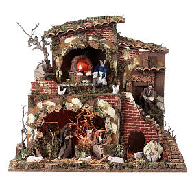 Cena Natividade com pastor, padeira, luzes e movimento 50x55x35 cm para presépio com figuras de 12 cm