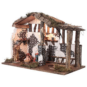 Stable with 16 cm Nativity set, wood and cork, light and fire, 35x50x30 cm