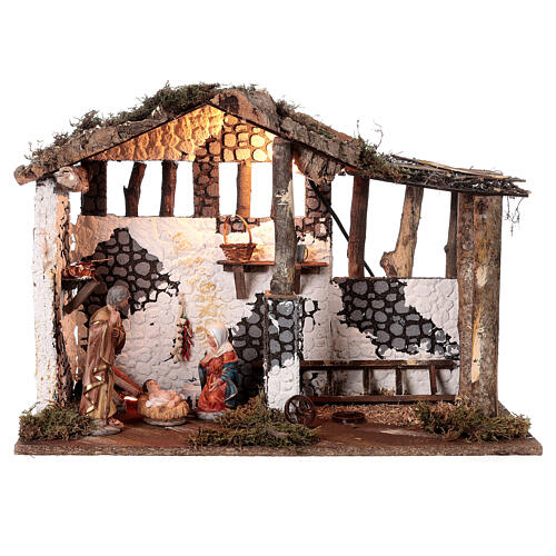 Stable with 16 cm Nativity set, wood and cork, light and fire, 35x50x30 cm 1