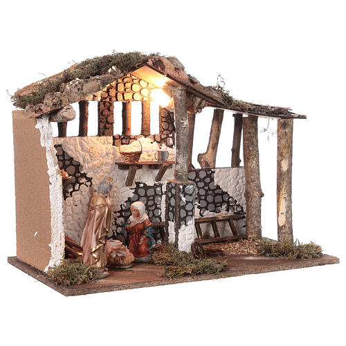 Stable with 16 cm Nativity set, wood and cork, light and fire, 35x50x30 cm 3
