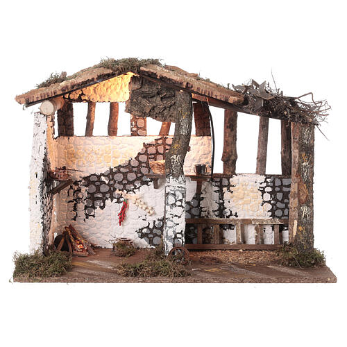 Stable with 16 cm Nativity set, wood and cork, light and fire, 35x50x30 cm 4