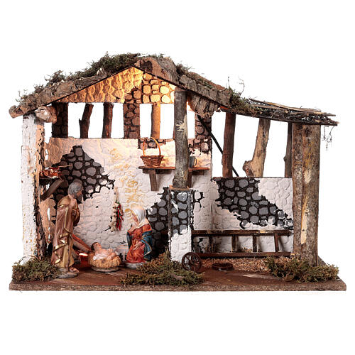 Cabaña belén 16 cm Natividad madera corcho luz fuego 35x50x30 cm 1