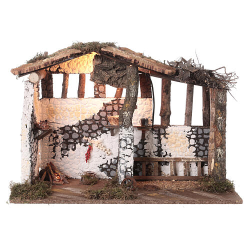 Cabaña belén 16 cm Natividad madera corcho luz fuego 35x50x30 cm 4