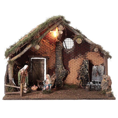 Estábulo cortiça e madeira com luz e fontanário, Natividade com figuras de 16 cm, 45x60x35 cm 1