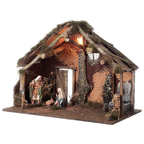 Estábulo cortiça e madeira com luz e fontanário, Natividade com figuras de 16 cm, 45x60x35 cm 2