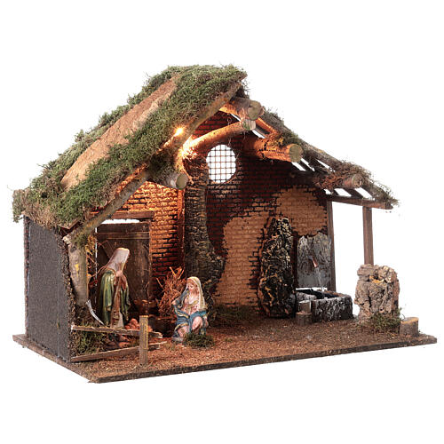 Estábulo cortiça e madeira com luz e fontanário, Natividade com figuras de 16 cm, 45x60x35 cm 3