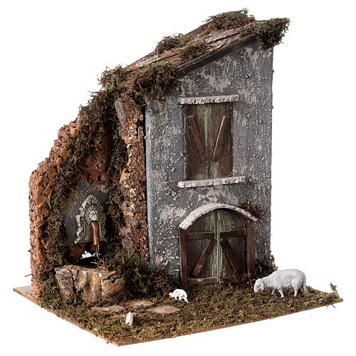 House with fountain and sheep, cork and water pump, 30x25x20 cm, for Nativity Scene of 8 cm 3