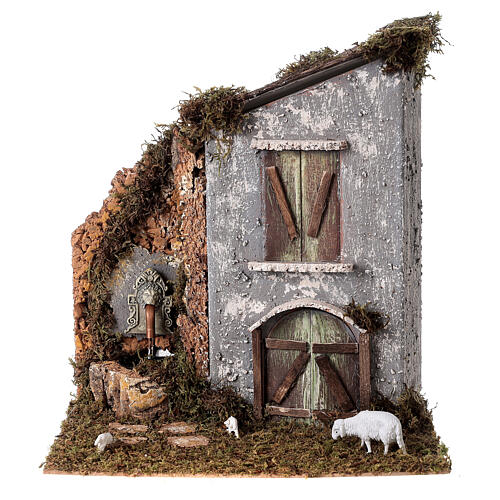 Fontaine Électrique Pour Crèche Avec Mouton & Vase – 10x10x15 Cm, Bois & Liège, Décorée Mousse