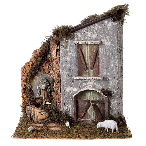 Casa com fontanário e ovelha 30x25x20 cm para presépio com figuras de 6-8 cm 1