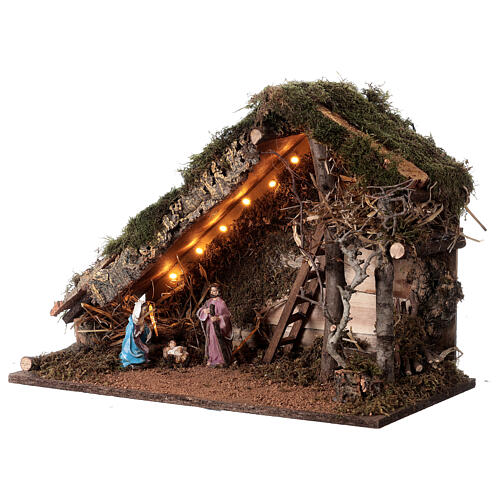 Wood stable with Nativity set, lights and haystack for Nativity Scene of 10 cm 35x50x25 cm 2