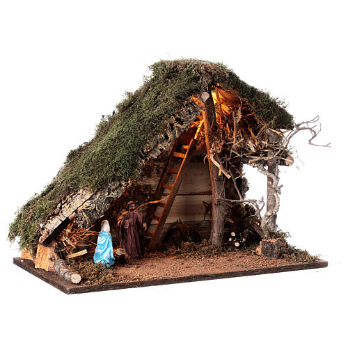 Wood stable with Nativity set, lights and haystack for Nativity Scene of 10 cm 35x50x25 cm 3