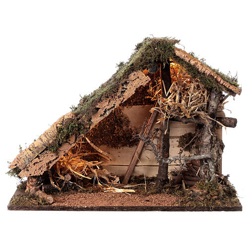 Wood stable with Nativity set, lights and haystack for Nativity Scene of 10 cm 35x50x25 cm 5