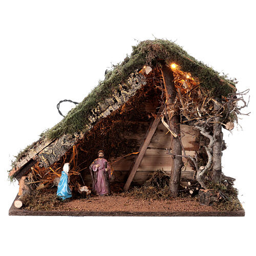 Cabana com fenil e Natividade, luzes, cortiça e musgo 35x50x25 cm para presépio com figuras de 10 cm 1