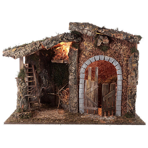 Cabane en liège pour crèche 20 cm Nativité portail et fenil éclairé 55x80x40 cm 4
