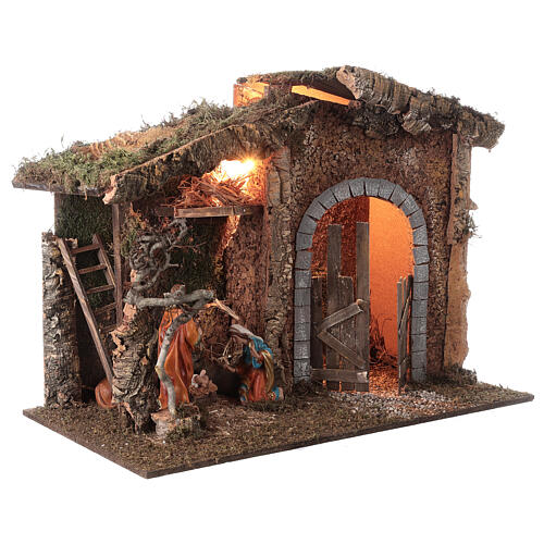 Estábulo cortiça com fenil e luz para Natividade com figuras de 20 cm 55x80x40 cm 3