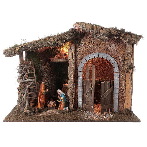 Cork stable for 20 cm nativity scene Holy Family barn door light 55x80x40 cm 1