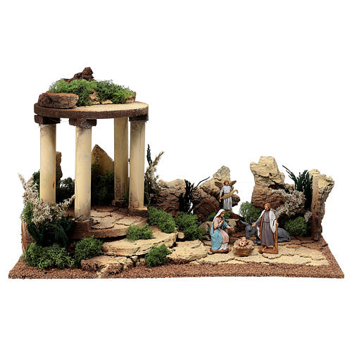 Nativity Scene setting with temple and Moranduzzo's figurines of 6.5 cm 40x20x25 cm 1