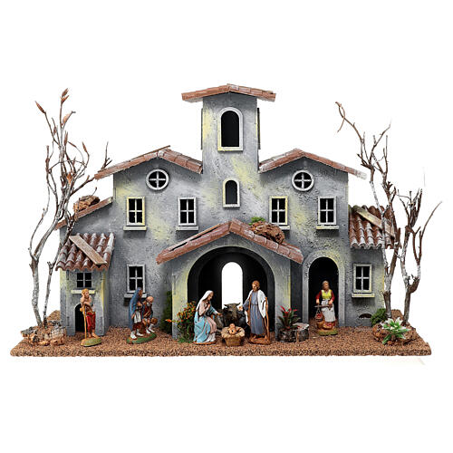 Building with porch and Nativity set of 6 cm in 19th century style 1