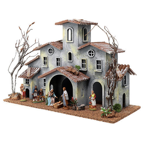 Building with porch and Nativity set of 6 cm in 19th century style 2
