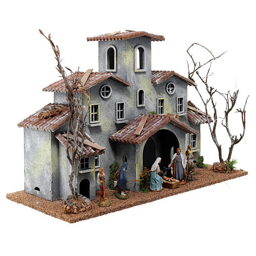 Building with porch and Nativity set of 6 cm in 19th century style 3