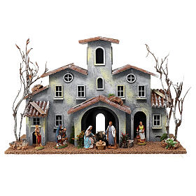 Bâtiment style XIXe avec porche et Nativité 6 cm