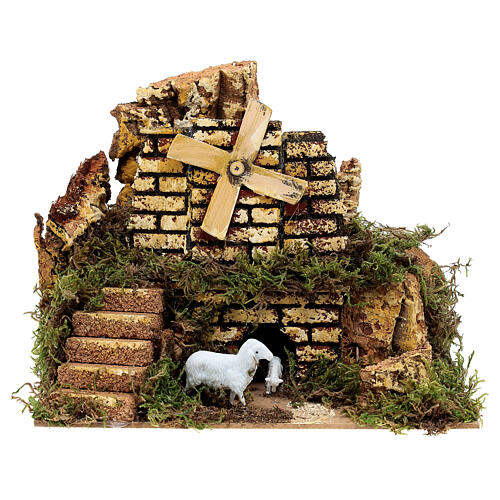 Moulin à vent avec moutons 20x15x20 cm pour crèche 4 cm 1