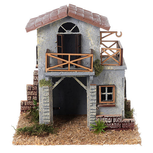 Wooden house with terraces 1800s style, 8 cm nativity 20x20x15cm 1