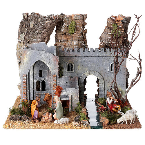 Cabana castelo para presépio Moranduzzo estilo XIX século com figuras de 10 cm 30x40x30 cm 1