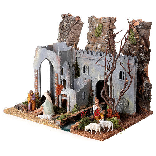 Cabana castelo para presépio Moranduzzo estilo XIX século com figuras de 10 cm 30x40x30 cm 3