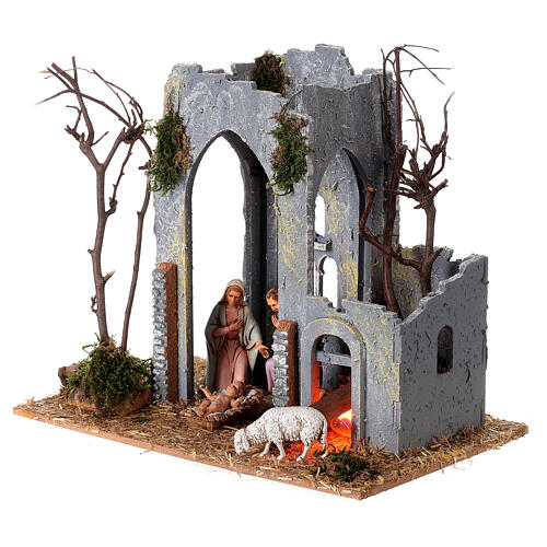 Nineteenth century tower with fire effect for Moranduzzo Nativity Scene with 10 cm characters 20x25x15 cm 3