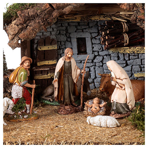 Nativity stable with plaster wall and Moranduzzo pines 20x55x25cm 2