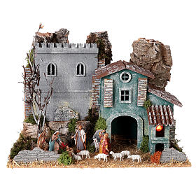 Fortress and house with oven, Moranduzzo Nativity Scene with 6 cm figurines, 19th century style, 40x30x30 cm