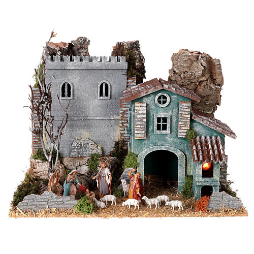 Fortress and house with oven, Moranduzzo Nativity Scene with 6 cm figurines, 19th century style, 40x30x30 cm 1