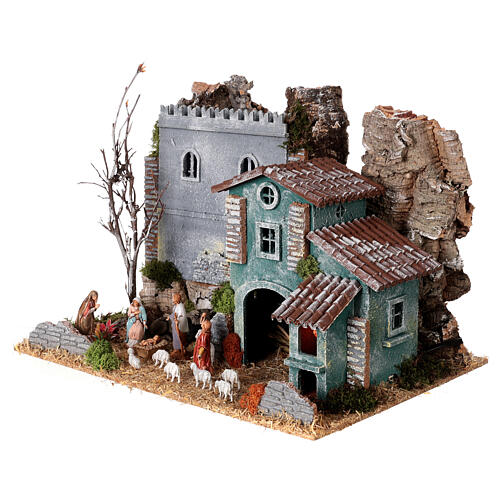 Fortress and house with oven, Moranduzzo Nativity Scene with 6 cm figurines, 19th century style, 40x30x30 cm 3