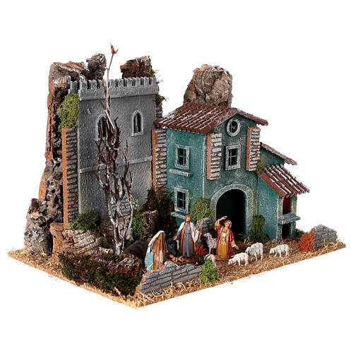 Fortress and house with oven, Moranduzzo Nativity Scene with 6 cm figurines, 19th century style, 40x30x30 cm 4