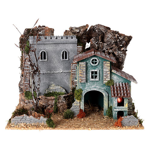 Fortress and house with oven, Moranduzzo Nativity Scene with 6 cm figurines, 19th century style, 40x30x30 cm 9